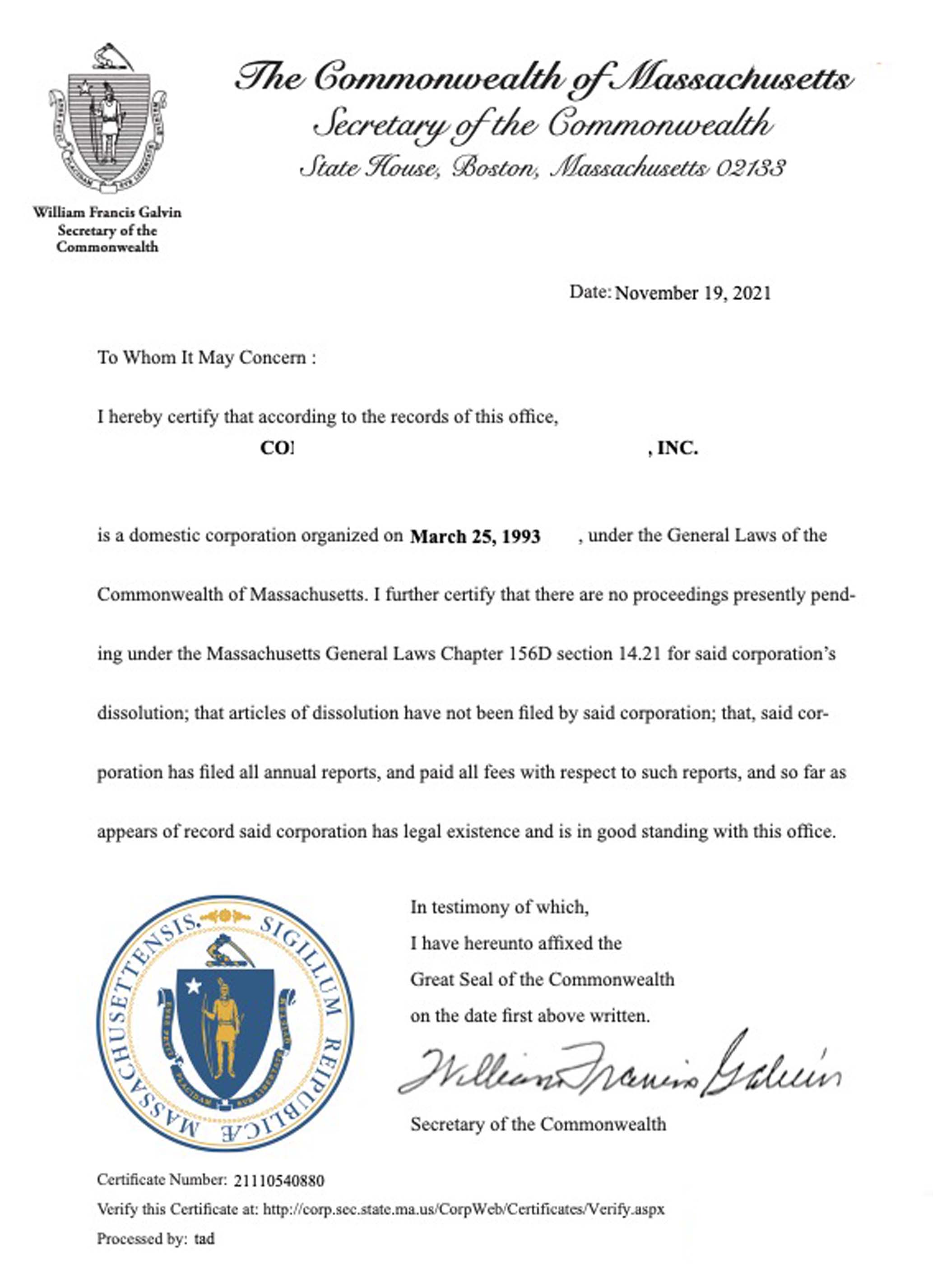 USA Massachusetts certificate of good standing